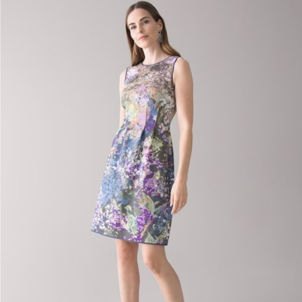 White House Black Market Floral Impressionist‎ V-Back Sheath Dress Purple Blue 2